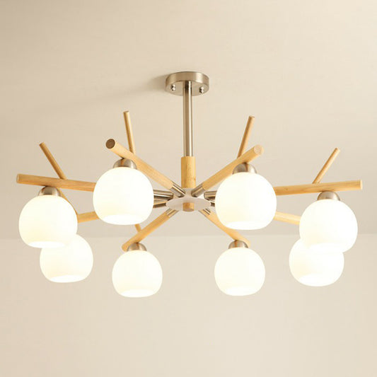 Dome Ceiling Chandelier Minimalist White Glass Living Room Hanging Light with Wood Twig Deco 8 Wood Clearhalo 'Carpenter Chandeliers' 'Ceiling Lights' 'Chandeliers' 'Industrial' 'Modern Chandeliers' 'Modern' Lighting' 2389919
