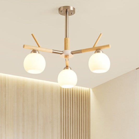 Dome Ceiling Chandelier Minimalist White Glass Living Room Hanging Light with Wood Twig Deco 3 Wood Clearhalo 'Carpenter Chandeliers' 'Ceiling Lights' 'Chandeliers' 'Industrial' 'Modern Chandeliers' 'Modern' Lighting' 2389920