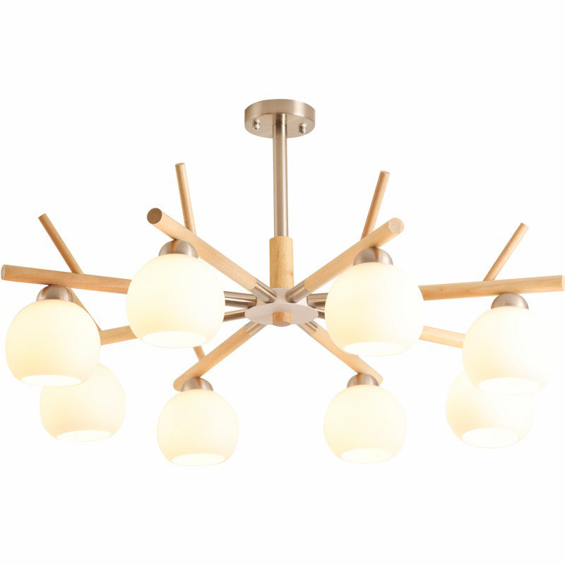 Dome Ceiling Chandelier Minimalist White Glass Living Room Hanging Light with Wood Twig Deco Clearhalo 'Carpenter Chandeliers' 'Ceiling Lights' 'Chandeliers' 'Industrial' 'Modern Chandeliers' 'Modern' Lighting' 2389921