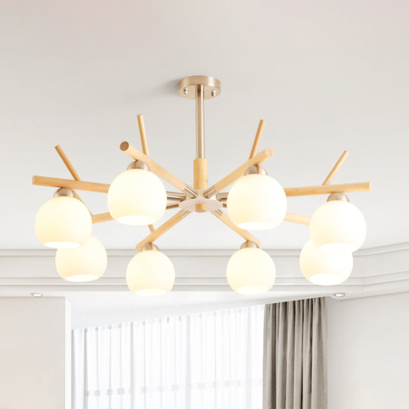 Dome Ceiling Chandelier Minimalist White Glass Living Room Hanging Light with Wood Twig Deco Clearhalo 'Carpenter Chandeliers' 'Ceiling Lights' 'Chandeliers' 'Industrial' 'Modern Chandeliers' 'Modern' Lighting' 2389922