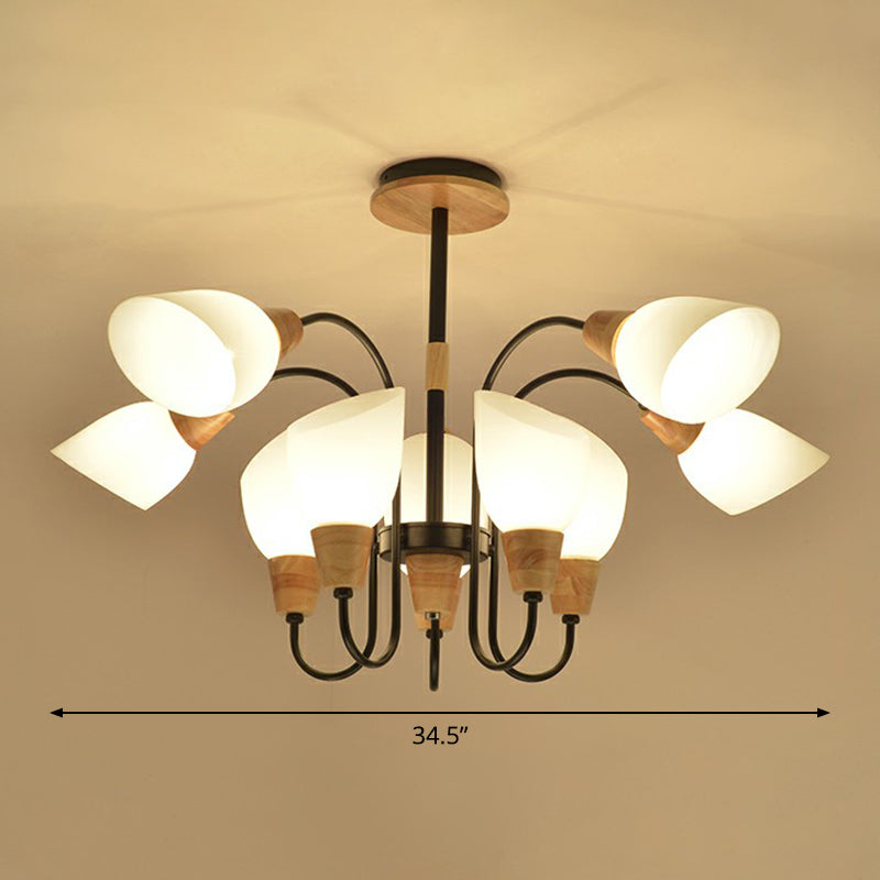 Tulip Flower Restaurant Chandelier Cream Glass Nordic Style Pendant Light in Black and Wood 10 Black Clearhalo 'Carpenter Chandeliers' 'Ceiling Lights' 'Chandeliers' 'Industrial' 'Modern Chandeliers' 'Modern' Lighting' 2389925