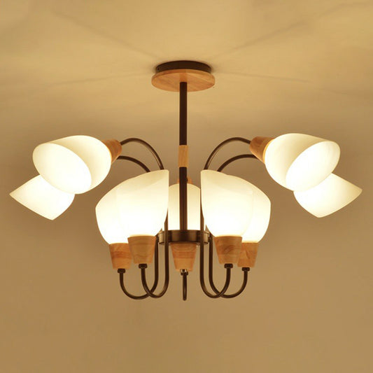 Tulip Flower Restaurant Chandelier Cream Glass Nordic Style Pendant Light in Black and Wood Clearhalo 'Carpenter Chandeliers' 'Ceiling Lights' 'Chandeliers' 'Industrial' 'Modern Chandeliers' 'Modern' Lighting' 2389926
