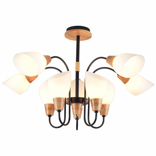 Tulip Flower Restaurant Chandelier Cream Glass Nordic Style Pendant Light in Black and Wood Clearhalo 'Carpenter Chandeliers' 'Ceiling Lights' 'Chandeliers' 'Industrial' 'Modern Chandeliers' 'Modern' Lighting' 2389928