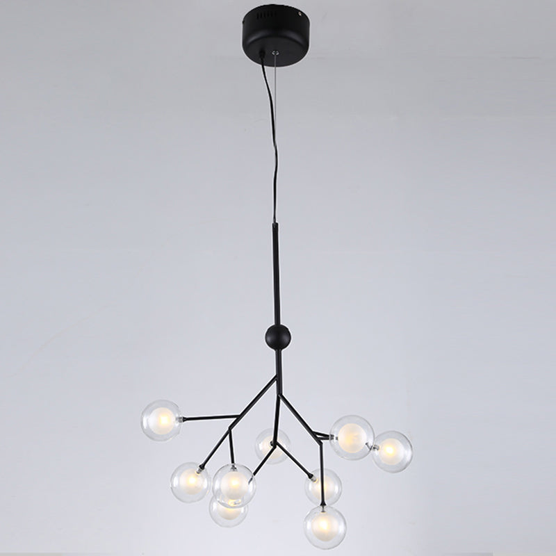Simplicity 9 Heads Chandelier Tree Branch Suspension Light with Dual Ball Glass Shade Black Clearhalo 'Ceiling Lights' 'Chandeliers' 'Modern Chandeliers' 'Modern' Lighting' 2389969