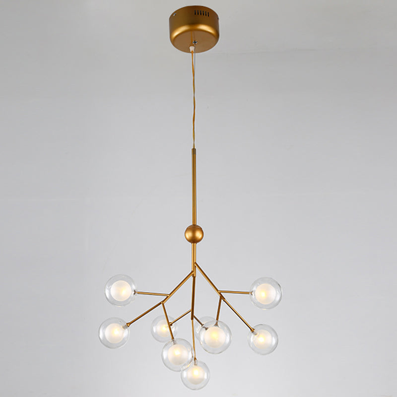 Simplicity 9 Heads Chandelier Tree Branch Suspension Light with Dual Ball Glass Shade Gold Clearhalo 'Ceiling Lights' 'Chandeliers' 'Modern Chandeliers' 'Modern' Lighting' 2389970