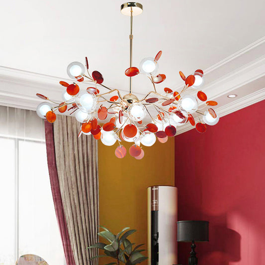Artistic Leaf Suspension Lighting Agate Living Room Chandelier with Double Ball Glass Shade Clearhalo 'Ceiling Lights' 'Chandeliers' 'Modern Chandeliers' 'Modern' Lighting' 2389980