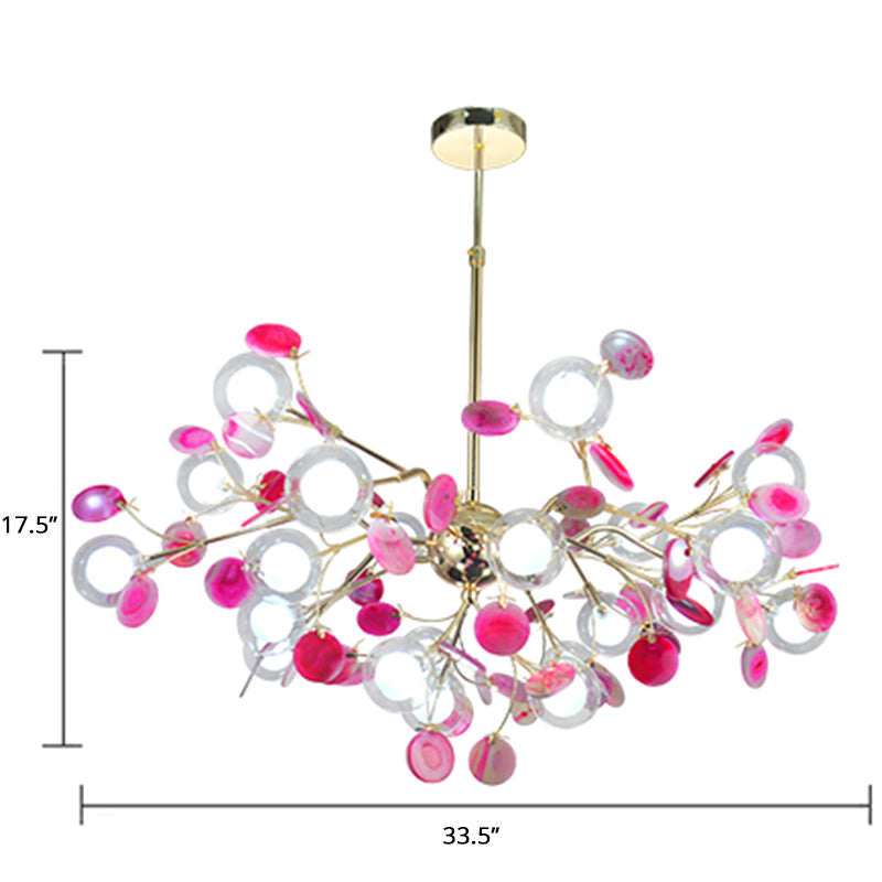 Artistic Leaf Suspension Lighting Agate Living Room Chandelier with Double Ball Glass Shade Pink Clearhalo 'Ceiling Lights' 'Chandeliers' 'Modern Chandeliers' 'Modern' Lighting' 2389981