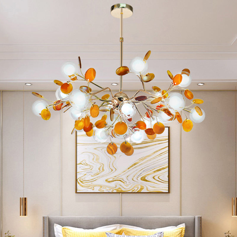 Artistic Leaf Suspension Lighting Agate Living Room Chandelier with Double Ball Glass Shade Clearhalo 'Ceiling Lights' 'Chandeliers' 'Modern Chandeliers' 'Modern' Lighting' 2389983