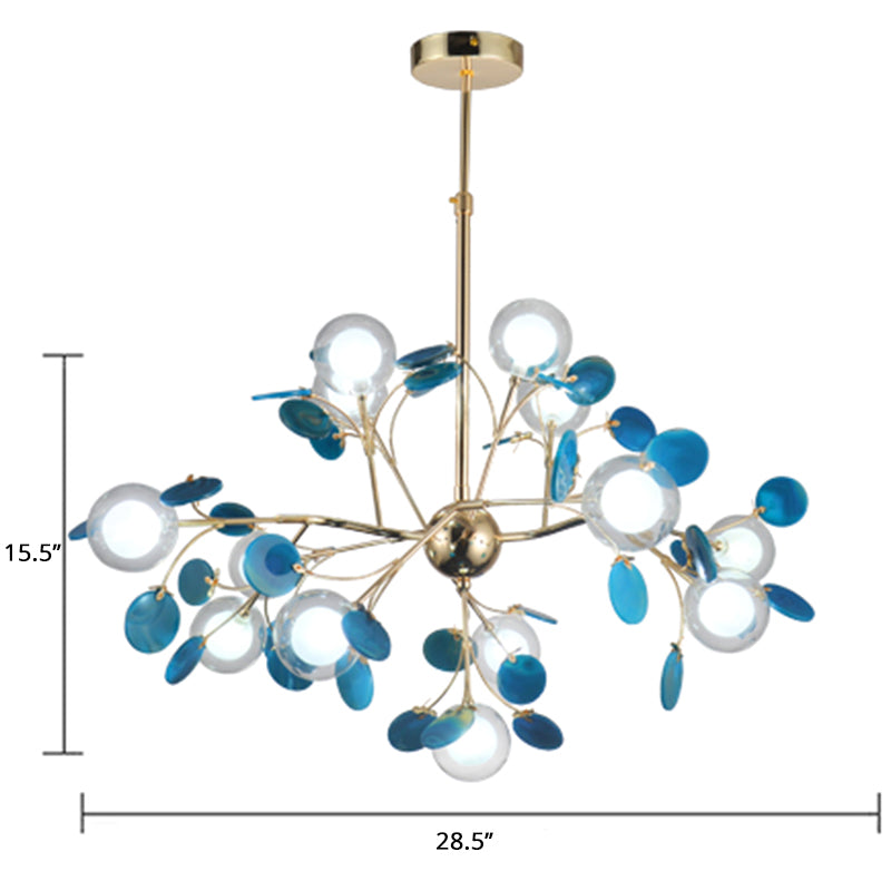 Artistic Leaf Suspension Lighting Agate Living Room Chandelier with Double Ball Glass Shade Blue Clearhalo 'Ceiling Lights' 'Chandeliers' 'Modern Chandeliers' 'Modern' Lighting' 2389984