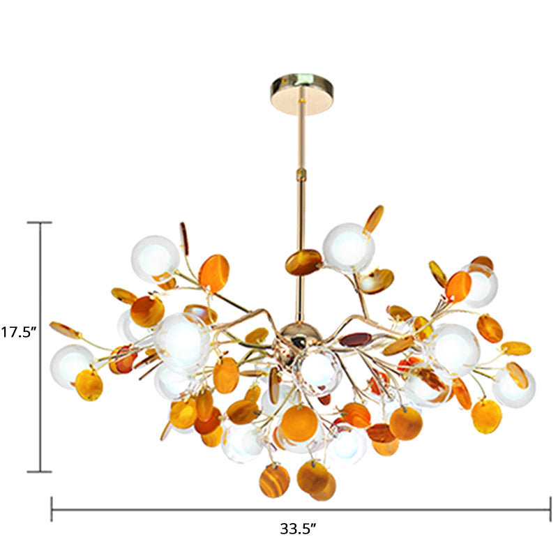 Artistic Leaf Suspension Lighting Agate Living Room Chandelier with Double Ball Glass Shade Yellow Clearhalo 'Ceiling Lights' 'Chandeliers' 'Modern Chandeliers' 'Modern' Lighting' 2389986