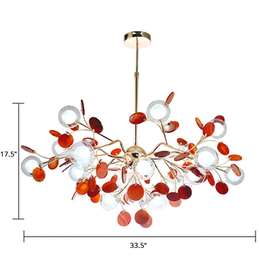 Artistic Leaf Suspension Lighting Agate Living Room Chandelier with Double Ball Glass Shade Red Clearhalo 'Ceiling Lights' 'Chandeliers' 'Modern Chandeliers' 'Modern' Lighting' 2389987