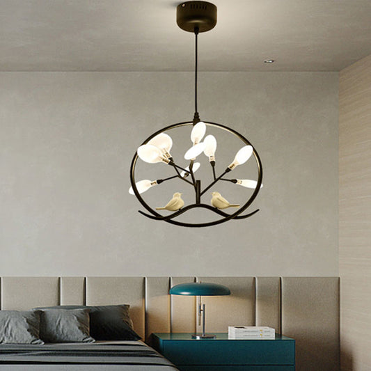 Acrylic Branch Pendant Lamp Nordic 9-Light Chandelier with Bird and Ring Decoration Black Clearhalo 'Ceiling Lights' 'Chandeliers' 'Modern Chandeliers' 'Modern' Lighting' 2389998