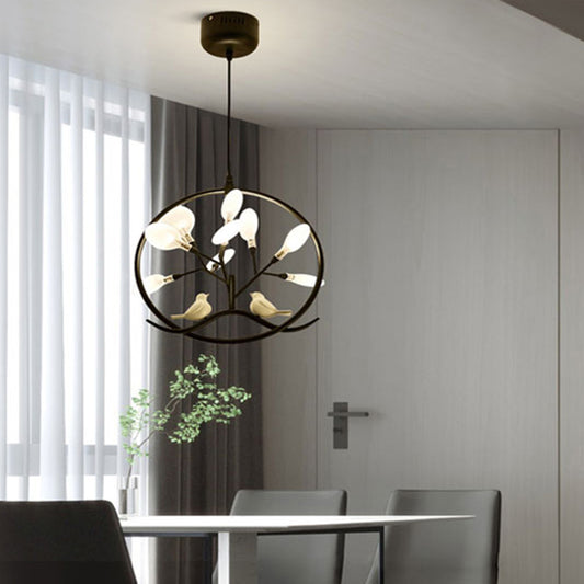 Acrylic Branch Pendant Lamp Nordic 9-Light Chandelier with Bird and Ring Decoration Clearhalo 'Ceiling Lights' 'Chandeliers' 'Modern Chandeliers' 'Modern' Lighting' 2389999