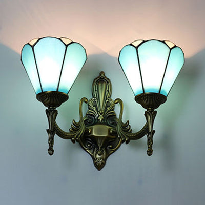Stained Glass Cone Wall Sconce Light 2 Lights Vintage Loft Wall Mount Light in White/Blue for Bedroom Blue Clearhalo 'Industrial' 'Middle century wall lights' 'Tiffany wall lights' 'Tiffany' 'Wall Lamps & Sconces' 'Wall Lights' Lighting' 23899