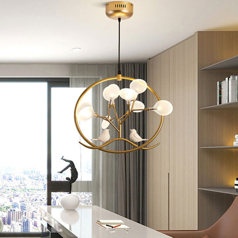 Acrylic Branch Pendant Lamp Nordic 9-Light Chandelier with Bird and Ring Decoration Gold Clearhalo 'Ceiling Lights' 'Chandeliers' 'Modern Chandeliers' 'Modern' Lighting' 2390000