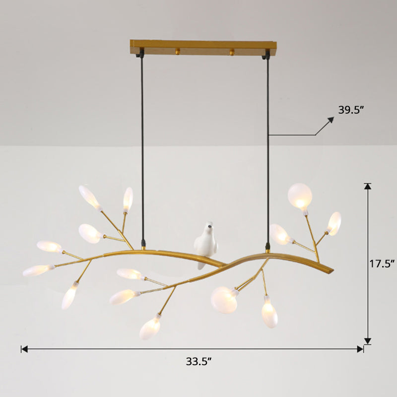 Tree Branch Island Light Postmodern Metal 15-Head Restaurant Hanging Lamp with Bird Decoration Gold Milk White Clearhalo 'Ceiling Lights' 'Island Lights' Lighting' 2390004