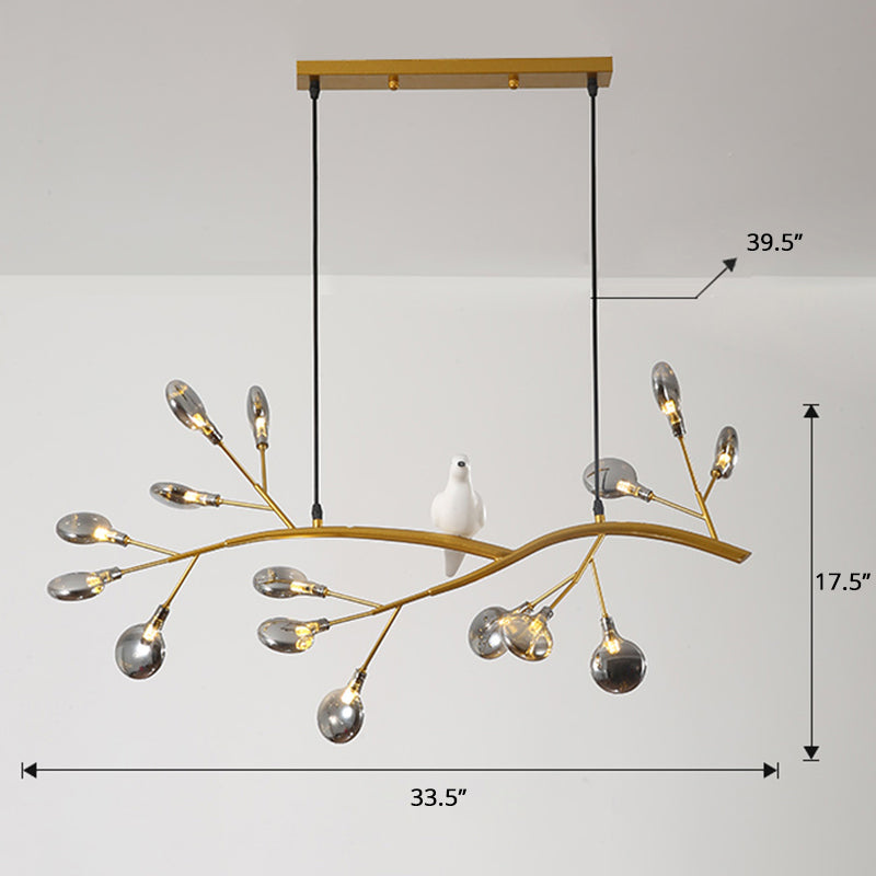 Tree Branch Island Light Postmodern Metal 15-Head Restaurant Hanging Lamp with Bird Decoration Gold Smoke Grey Clearhalo 'Ceiling Lights' 'Island Lights' Lighting' 2390006