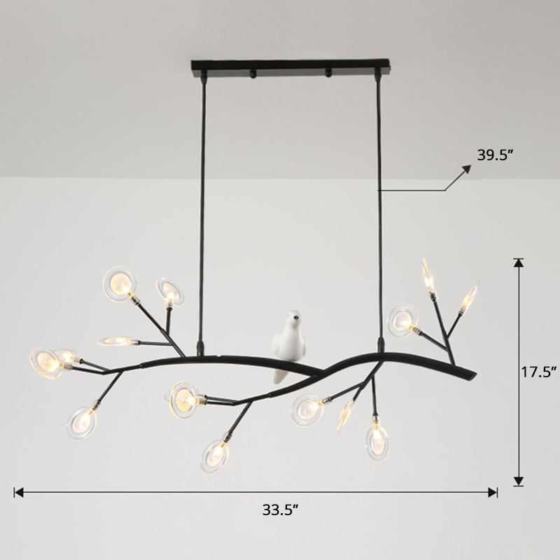 Tree Branch Island Light Postmodern Metal 15-Head Restaurant Hanging Lamp with Bird Decoration Black Clear Clearhalo 'Ceiling Lights' 'Island Lights' Lighting' 2390008