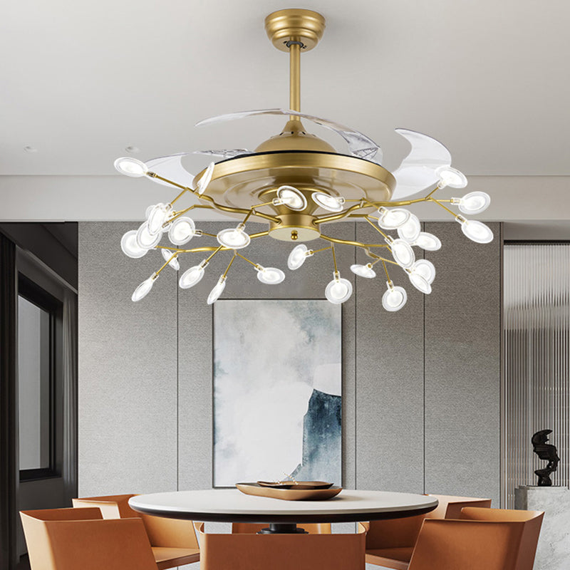 Remote Control Firefly Semi Flush Chandelier Postmodern Metal Dining Room Ceiling Fan Light, 42" W Clearhalo 'Ceiling Fans with Lights' 'Ceiling Fans' 'Modern Ceiling Fans' 'Modern' Lighting' 2390013