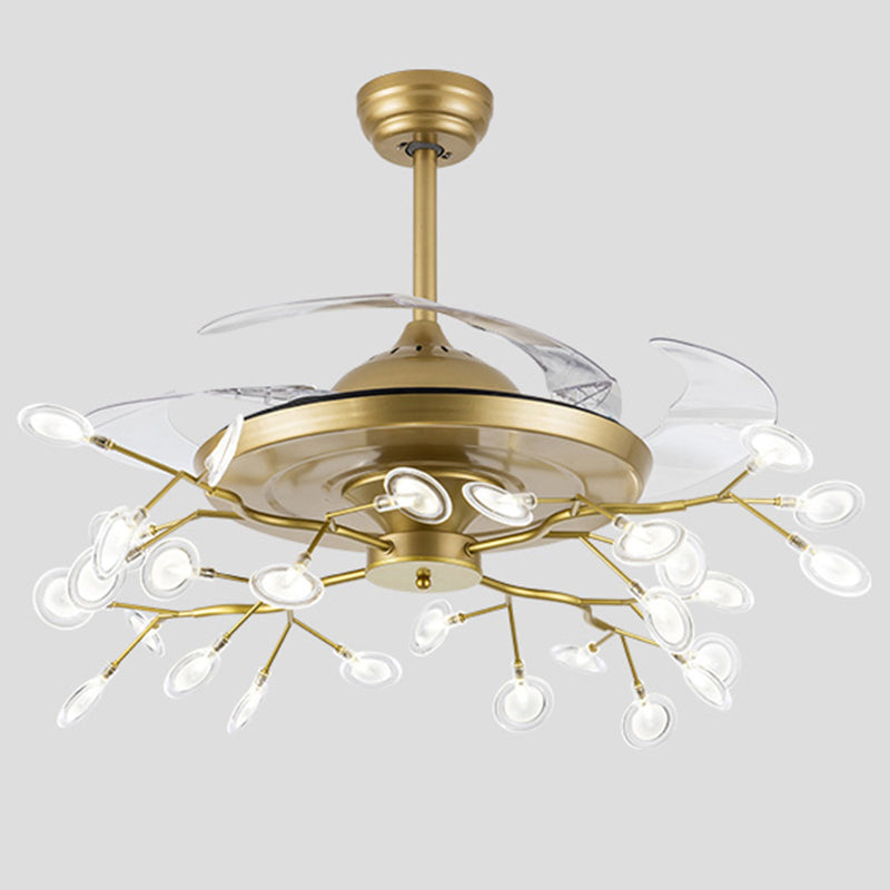 Remote Control Firefly Semi Flush Chandelier Postmodern Metal Dining Room Ceiling Fan Light, 42" W 56.0 Gold Remote Clearhalo 'Ceiling Fans with Lights' 'Ceiling Fans' 'Modern Ceiling Fans' 'Modern' Lighting' 2390014