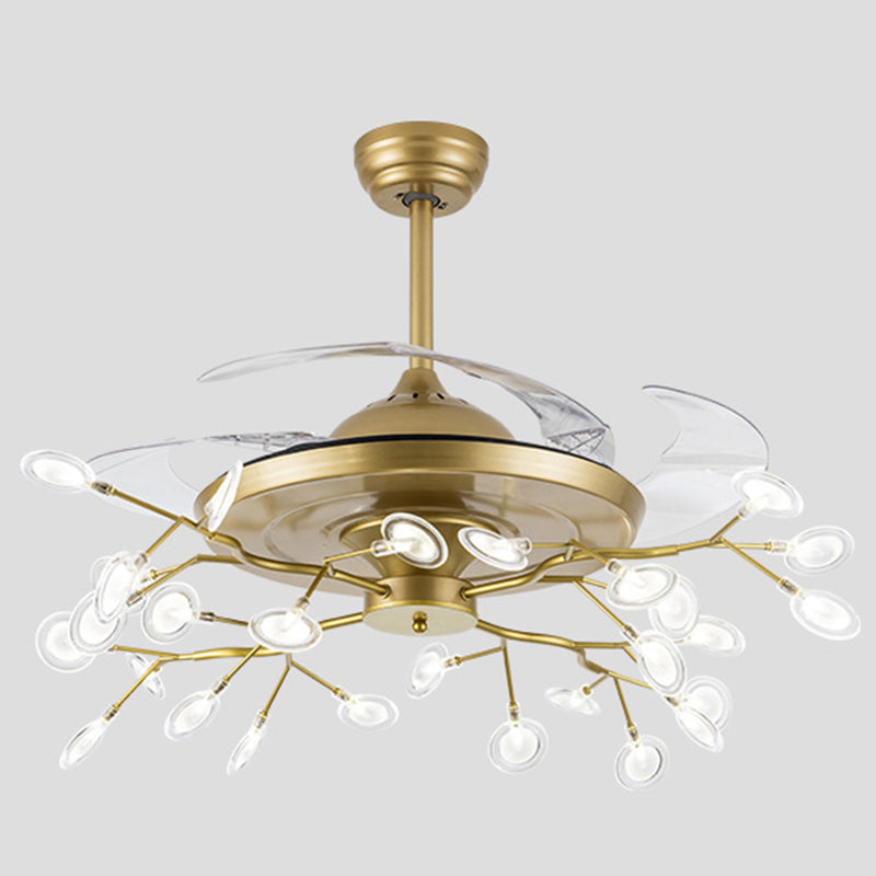 Remote Control Firefly Semi Flush Chandelier Postmodern Metal Dining Room Ceiling Fan Light, 42" W 28.0 Gold Remote Clearhalo 'Ceiling Fans with Lights' 'Ceiling Fans' 'Modern Ceiling Fans' 'Modern' Lighting' 2390015