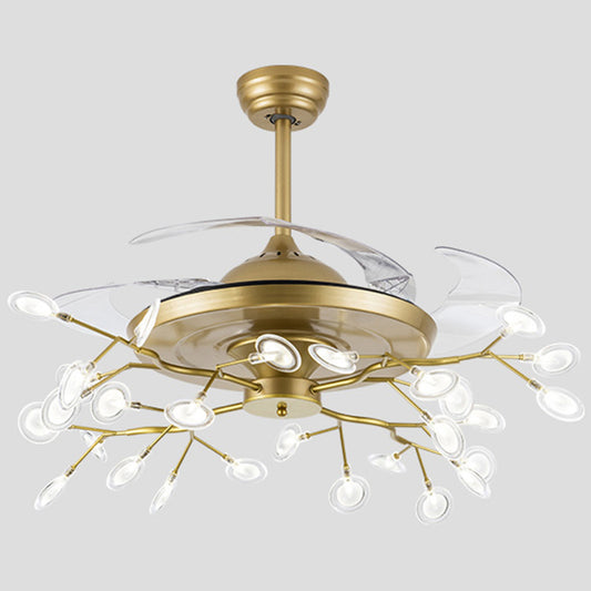 Remote Control Firefly Semi Flush Chandelier Postmodern Metal Dining Room Ceiling Fan Light, 42" W 42.0 Gold Remote Clearhalo 'Ceiling Fans with Lights' 'Ceiling Fans' 'Modern Ceiling Fans' 'Modern' Lighting' 2390017