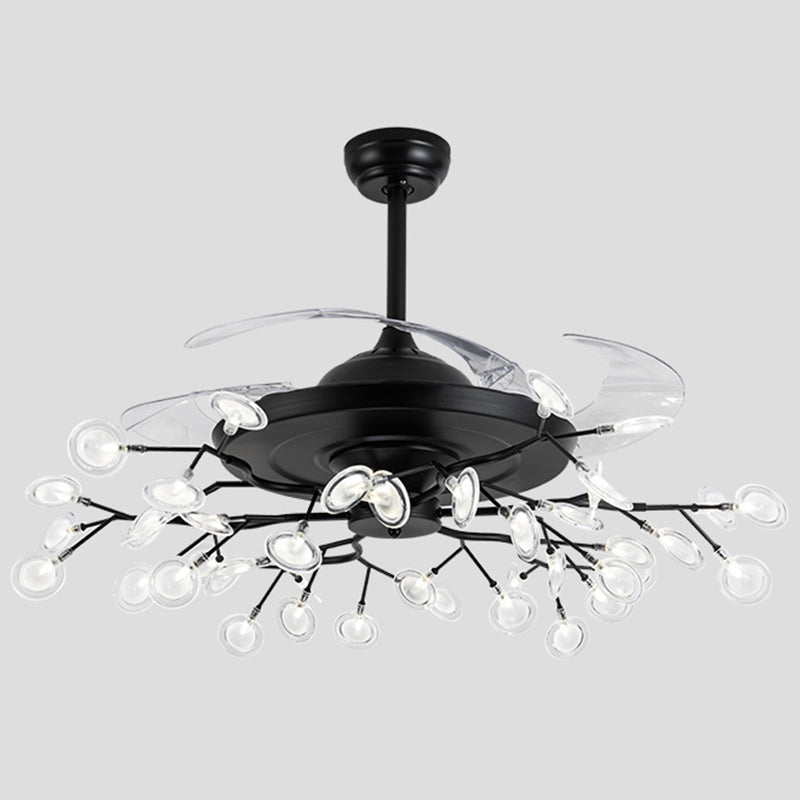 Remote Control Firefly Semi Flush Chandelier Postmodern Metal Dining Room Ceiling Fan Light, 42" W 56.0 Black Remote Clearhalo 'Ceiling Fans with Lights' 'Ceiling Fans' 'Modern Ceiling Fans' 'Modern' Lighting' 2390019