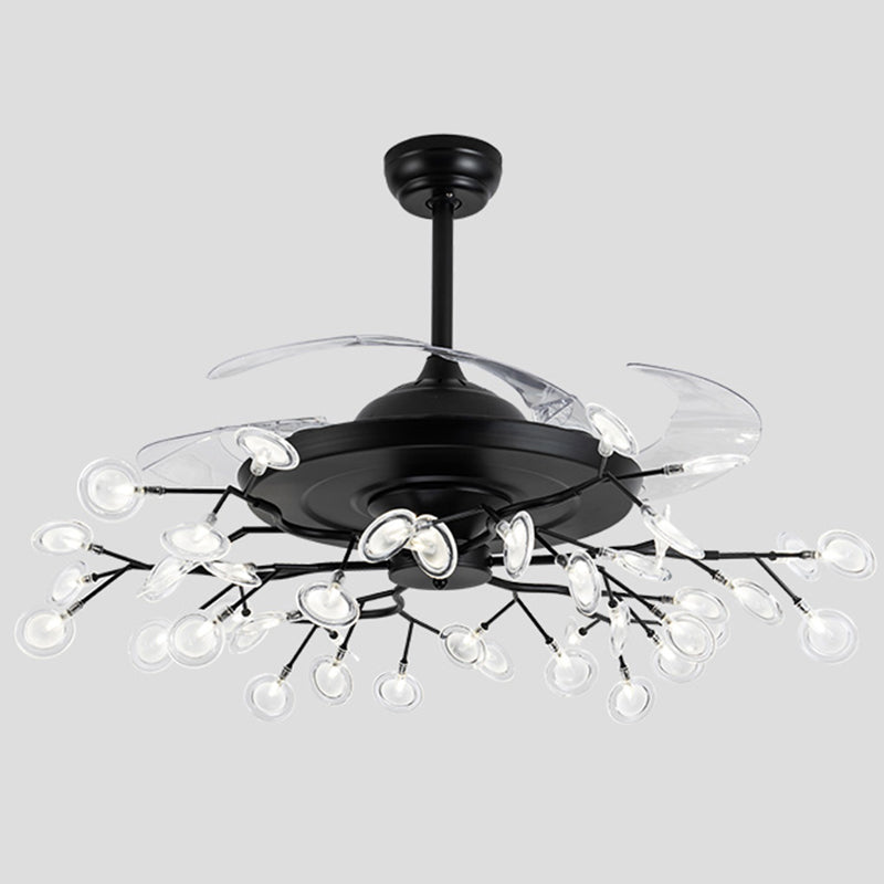 Remote Control Firefly Semi Flush Chandelier Postmodern Metal Dining Room Ceiling Fan Light, 42" W 28.0 Black Remote Clearhalo 'Ceiling Fans with Lights' 'Ceiling Fans' 'Modern Ceiling Fans' 'Modern' Lighting' 2390021