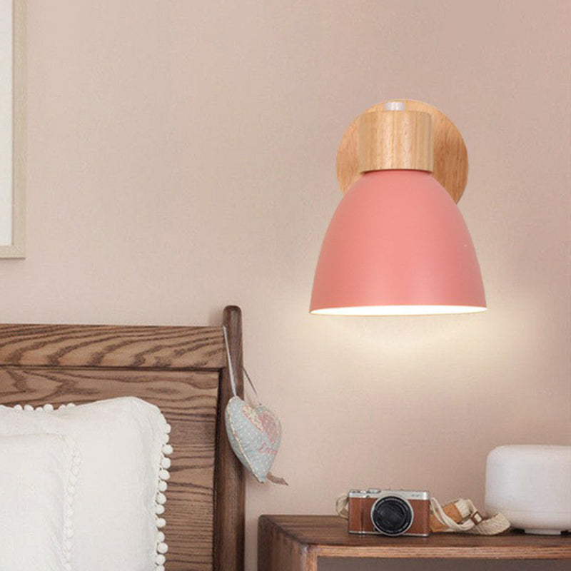 Macaron Swivelable Bell Shade Wall Lighting Metallic Single Bedroom Wall Mount Light with Wood Decor Clearhalo 'Wall Lamps & Sconces' 'Wall Lights' Lighting' 2390053