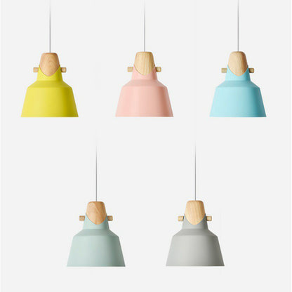 Tapered Restaurant Ceiling Hang Light Metal 1 Bulb Macaron Pendant Light with Wooden Decor 6" Clearhalo 'Ceiling Lights' 'Pendant Lights' 'Pendants' Lighting' 2390162