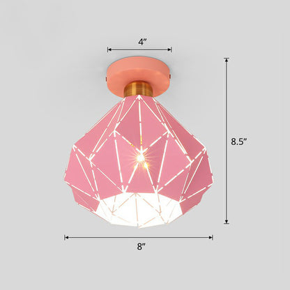 Laser-Cut Diamond Shaped Ceiling Light Macaron Iron 1 Head Corridor Semi Flush Mount Light Pink Clearhalo 'Ceiling Lights' 'Close To Ceiling Lights' 'Close to ceiling' 'Semi-flushmount' Lighting' 2390234