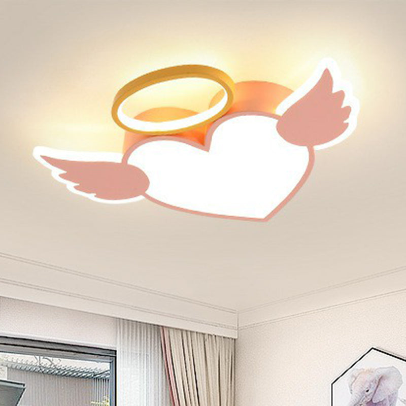 Cartoon LED Ceiling Lamp Pink Love Wings Flush Mount Lighting with Acrylic Shade and Metal Ring Clearhalo 'Ceiling Lights' 'Close To Ceiling Lights' 'Close to ceiling' 'Flush mount' Lighting' 2390236