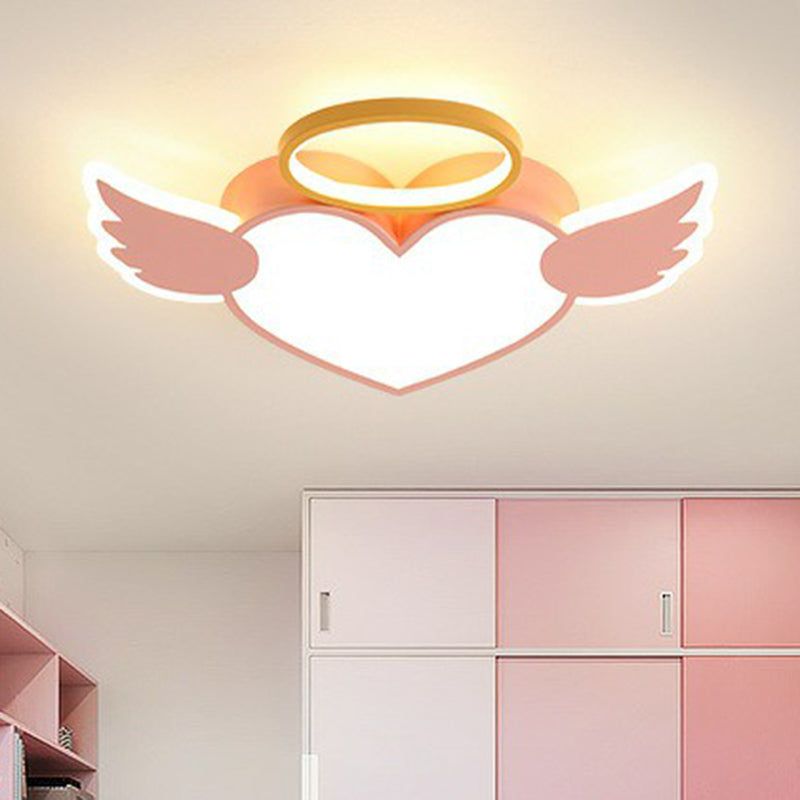 Cartoon LED Ceiling Lamp Pink Love Wings Flush Mount Lighting with Acrylic Shade and Metal Ring Clearhalo 'Ceiling Lights' 'Close To Ceiling Lights' 'Close to ceiling' 'Flush mount' Lighting' 2390237