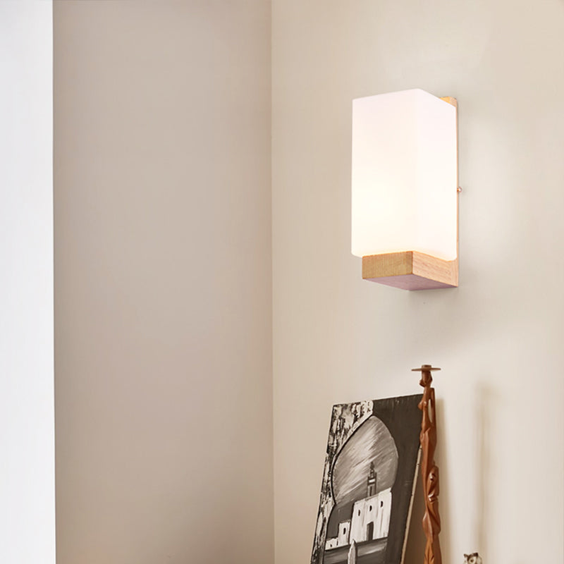 Geometric Stairs Wall Lighting Cream Glass Single Minimalist Flush Wall Sconce in Wood Clearhalo 'Modern wall lights' 'Modern' 'Wall Lamps & Sconces' 'Wall Lights' Lighting' 2390279