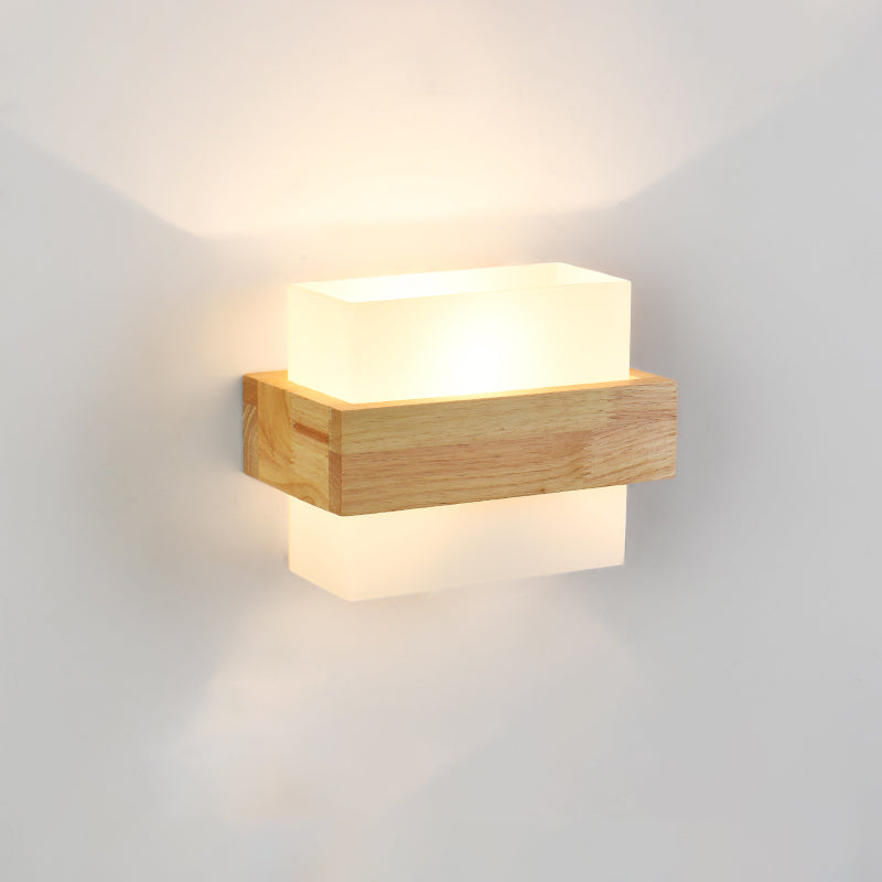 Geometric Stairs Wall Lighting Cream Glass Single Minimalist Flush Wall Sconce in Wood Wood Rectangle Clearhalo 'Modern wall lights' 'Modern' 'Wall Lamps & Sconces' 'Wall Lights' Lighting' 2390290
