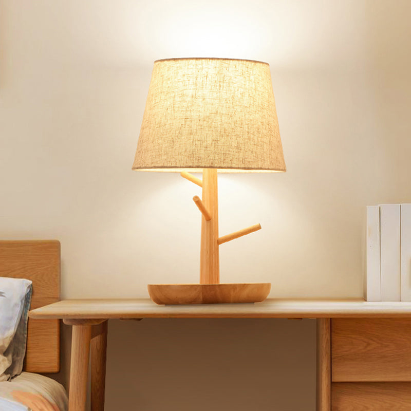 Simplicity Shaded Table Lamp Fabric 1-Light Bedroom Night Light with Wooden Base Wood Branch Clearhalo 'Lamps' 'Table Lamps' Lighting' 2390295