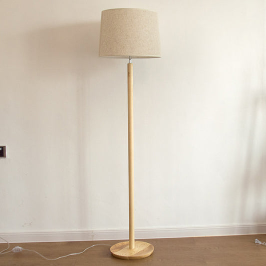Fabric Tapered Drum Shaped Floor Lamp Minimalistic 1 Head Standing Light with Wood Stand Flaxen Clearhalo 'Floor Lamps' 'Lamps' Lighting' 2390303