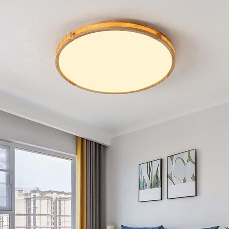 Wooden Disc Flush Ceiling Light Nordic LED Beige Flush Mount with Acrylic Diffuser Wood Remote Control Stepless Dimming Clearhalo 'Ceiling Lights' 'Close To Ceiling Lights' 'Close to ceiling' 'Flush mount' Lighting' 2390313