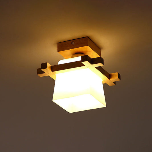 1-Light Balcony Flushmount Ceiling Lamp Simple Wood Semi Flush Light with Trapezoid Hand-Blown Milk Glass Shade Clearhalo 'Ceiling Lights' 'Close To Ceiling Lights' 'Close to ceiling' 'Semi-flushmount' Lighting' 2390330
