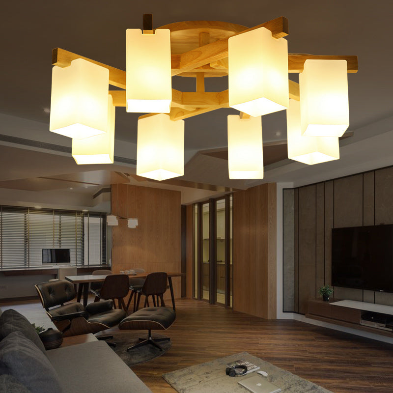 Rectangle White Glass Semi Flush Chandelier Modern Wood Close to Ceiling Light for Living Room Clearhalo 'Ceiling Lights' 'Close To Ceiling Lights' 'Close to ceiling' 'Semi-flushmount' Lighting' 2390337