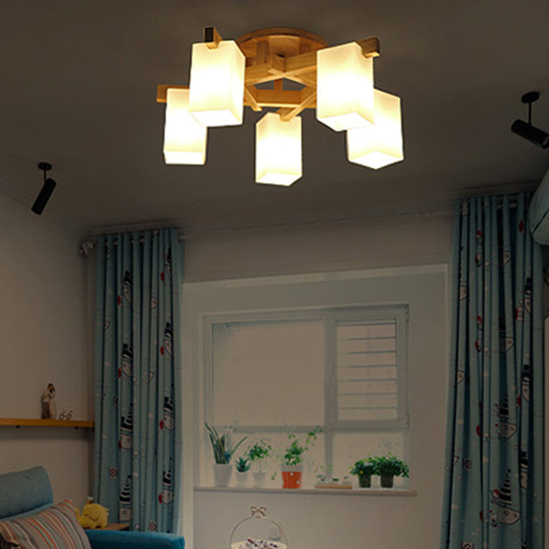 Rectangle White Glass Semi Flush Chandelier Modern Wood Close to Ceiling Light for Living Room Clearhalo 'Ceiling Lights' 'Close To Ceiling Lights' 'Close to ceiling' 'Semi-flushmount' Lighting' 2390339
