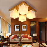 Cube Shape Semi Flush Ceiling Light Nordic Opal Glass 4-Light Bedroom Flush Mount Lamp in Wood