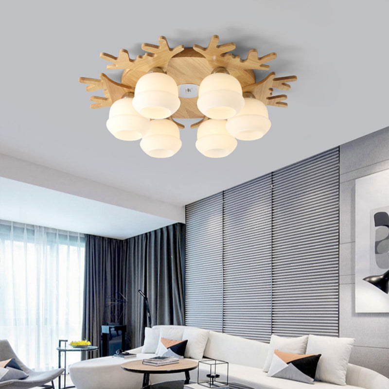 Opal Glass Bud Ceiling Mounted Light Nordic Wood Flush Mount Light Fixture with Antler Decor Clearhalo 'Ceiling Lights' 'Close To Ceiling Lights' 'Close to ceiling' 'Flush mount' Lighting' 2390368