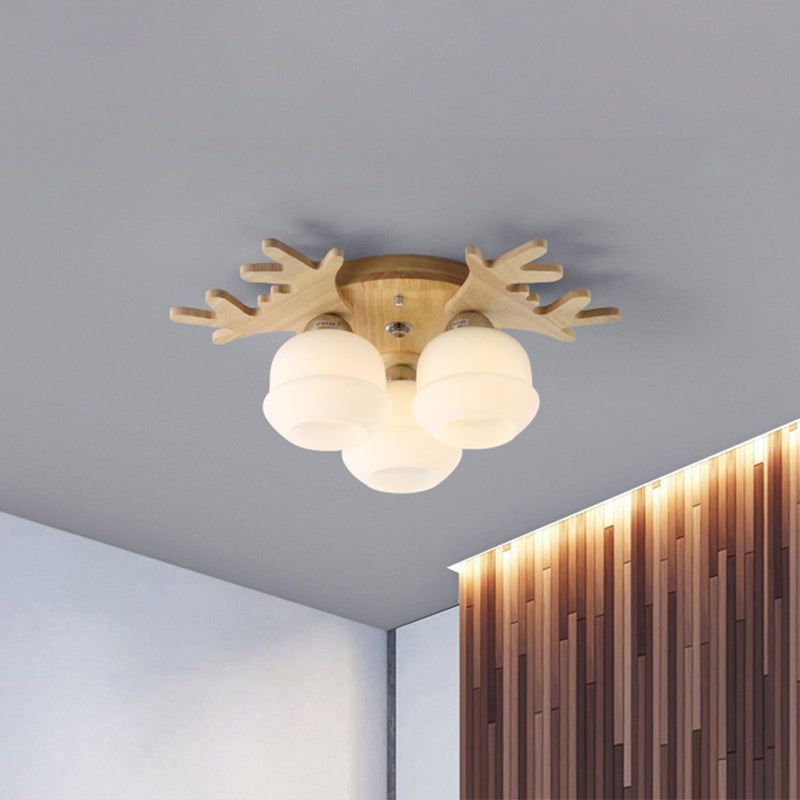 Opal Glass Bud Ceiling Mounted Light Nordic Wood Flush Mount Light Fixture with Antler Decor 3 Wood Clearhalo 'Ceiling Lights' 'Close To Ceiling Lights' 'Close to ceiling' 'Flush mount' Lighting' 2390369