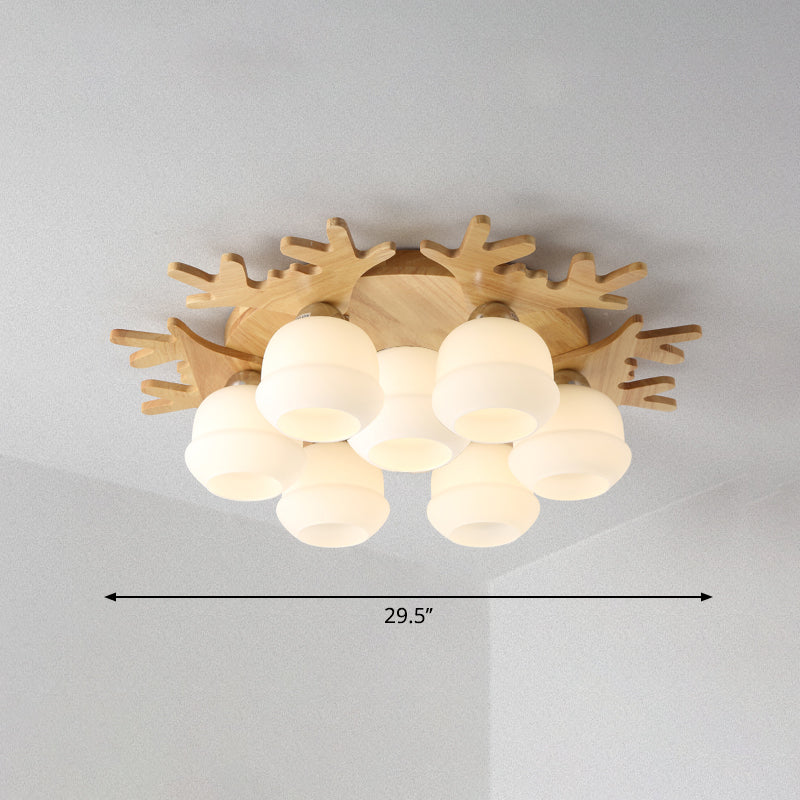 Opal Glass Bud Ceiling Mounted Light Nordic Wood Flush Mount Light Fixture with Antler Decor 7 Wood Clearhalo 'Ceiling Lights' 'Close To Ceiling Lights' 'Close to ceiling' 'Flush mount' Lighting' 2390370