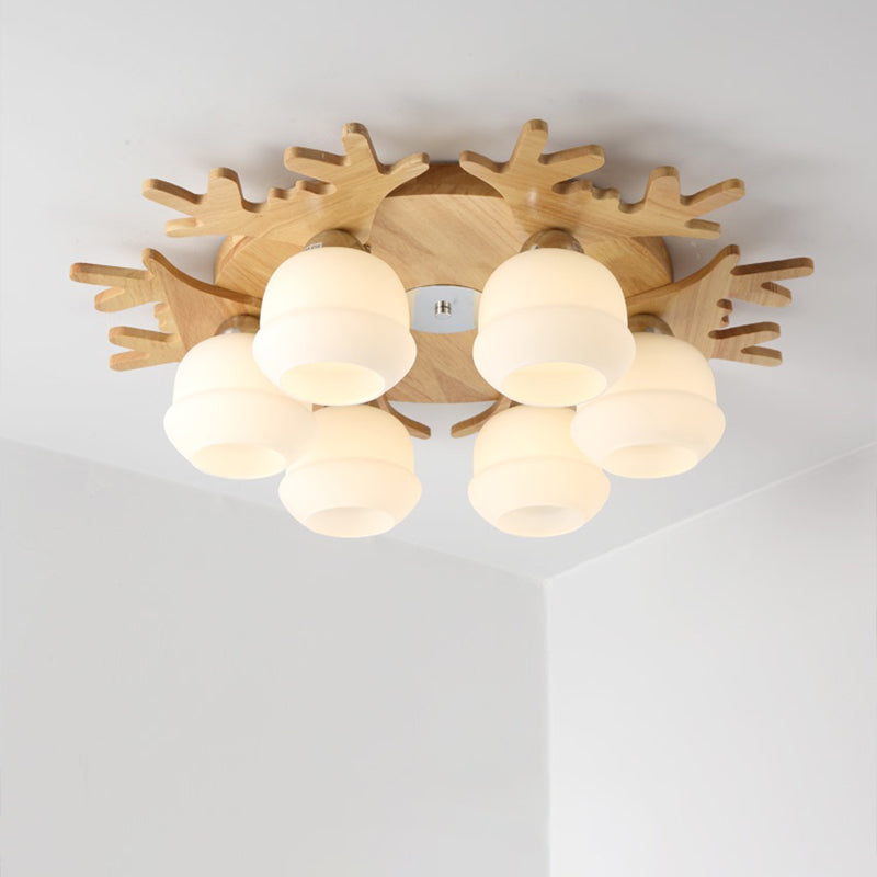 Opal Glass Bud Ceiling Mounted Light Nordic Wood Flush Mount Light Fixture with Antler Decor Clearhalo 'Ceiling Lights' 'Close To Ceiling Lights' 'Close to ceiling' 'Flush mount' Lighting' 2390371