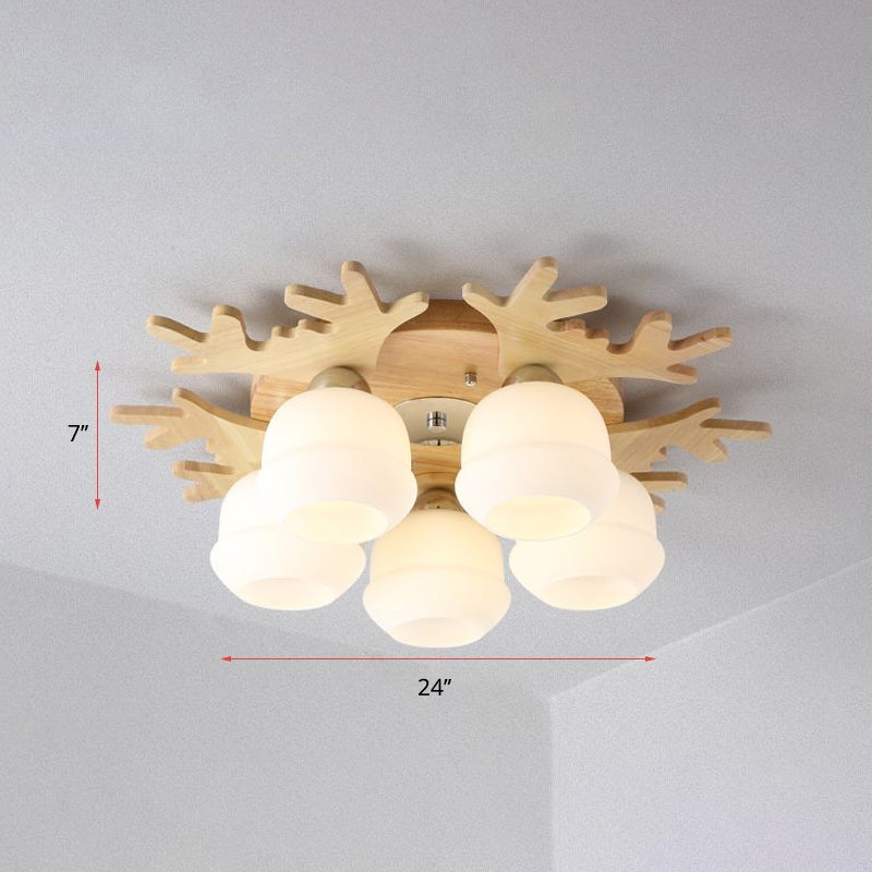 Opal Glass Bud Ceiling Mounted Light Nordic Wood Flush Mount Light Fixture with Antler Decor 5 Wood Clearhalo 'Ceiling Lights' 'Close To Ceiling Lights' 'Close to ceiling' 'Flush mount' Lighting' 2390372