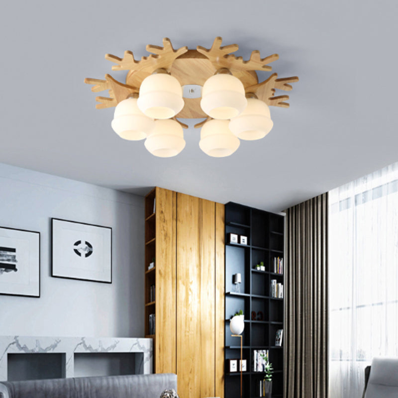 Opal Glass Bud Ceiling Mounted Light Nordic Wood Flush Mount Light Fixture with Antler Decor 6 Wood Clearhalo 'Ceiling Lights' 'Close To Ceiling Lights' 'Close to ceiling' 'Flush mount' Lighting' 2390373