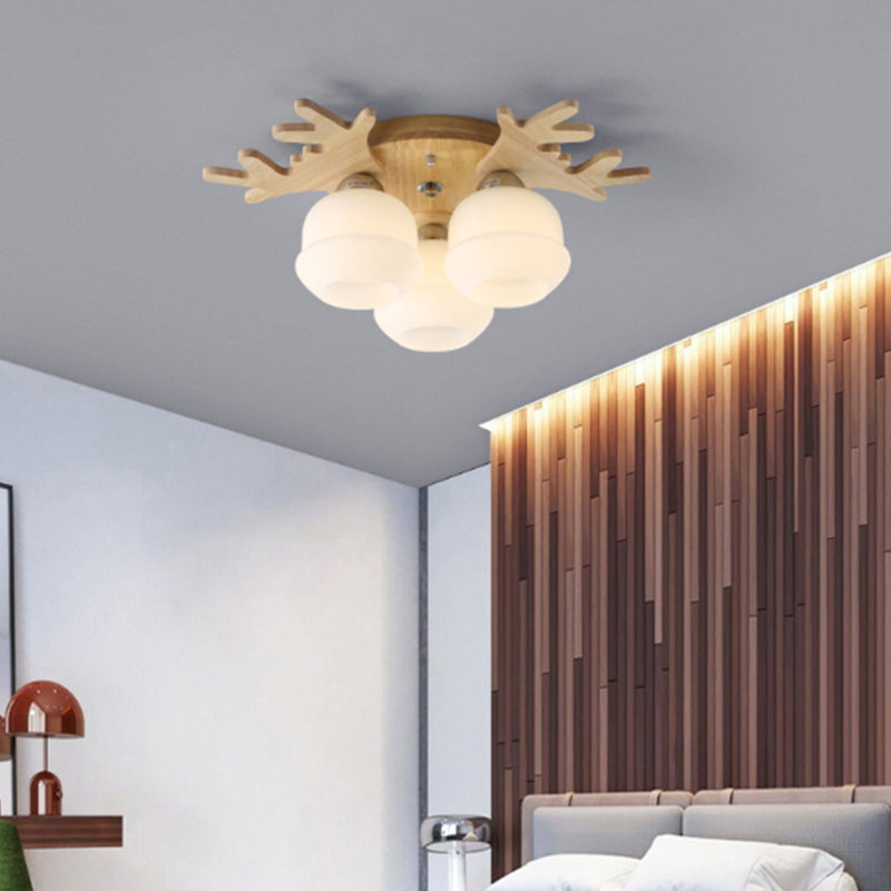 Opal Glass Bud Ceiling Mounted Light Nordic Wood Flush Mount Light Fixture with Antler Decor Clearhalo 'Ceiling Lights' 'Close To Ceiling Lights' 'Close to ceiling' 'Flush mount' Lighting' 2390374