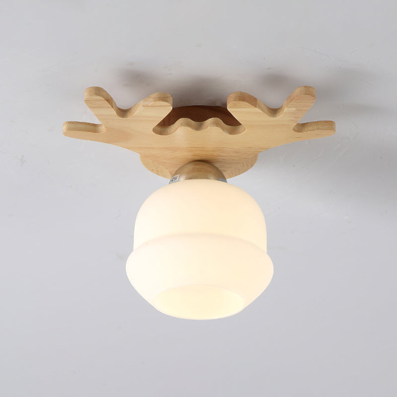 Opal Glass Bud Ceiling Mounted Light Nordic Wood Flush Mount Light Fixture with Antler Decor